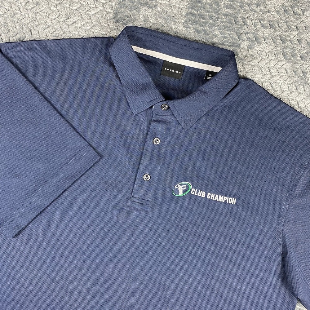 Dunning Golf Polo Mens XL Navy Blue Club Champion Logo Stretch Short Sleeve